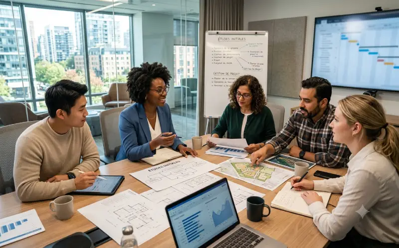 Un groupe travaille sur les études initiales, fondamentales en gestion de projet Un groupe travaille sur les études initiales, fondamentales en gestion de projet